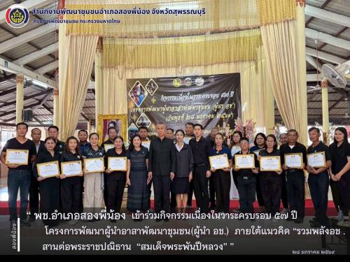 🌻พช.อำเภอสองพี่น้อง เข้าร่วมกิจกรรมเนื่องในวาระครบรอบ ๕๗ ปี โครงการพัฒนาผู้นำอาสาพัฒนาชุมชน(ผู้นำ อช.)  ภายใต้แนวคิด “รวมพลังอช . สานต่อพระราชปณิธาน ”สมเด็จพระพันปีหลวง“ 🌻